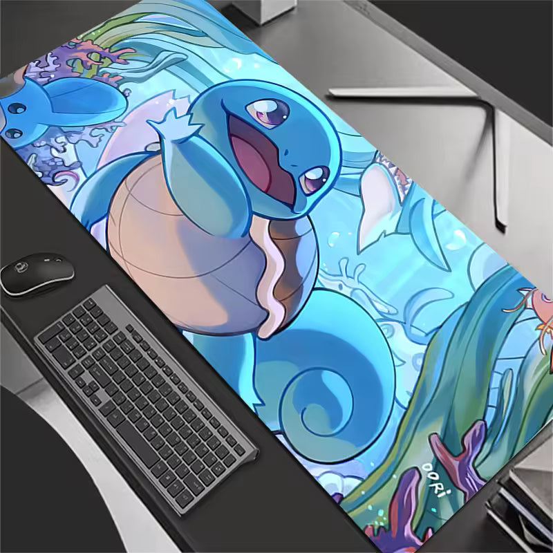 Cheerful blue turtle character on a bright blue and white large gaming desk mat, 300x700mm, nostalgic water-type aesthetic desk decor.