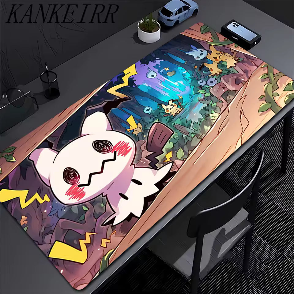 Spooky ghost character in a yellow tattered disguise, large gaming desk mat 300x700mm, dark aesthetic and kawaii gaming desk decor.