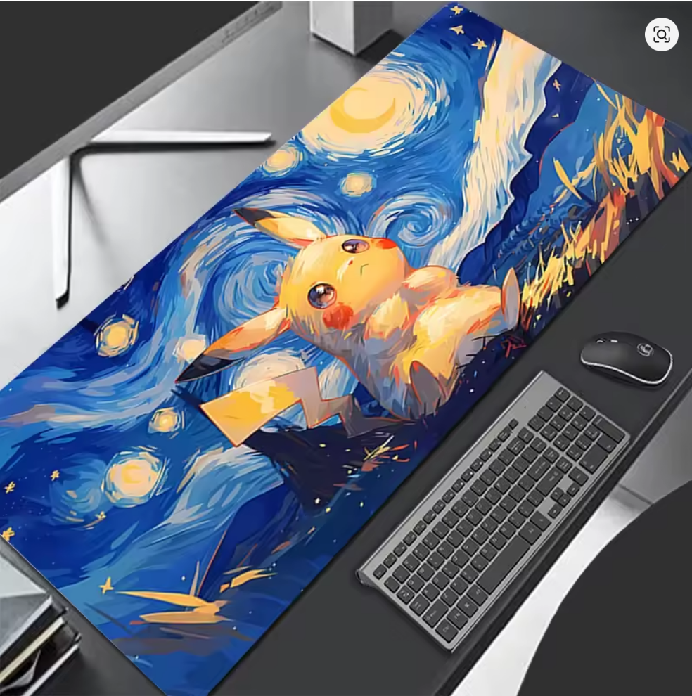 Yellow electric character in a starry night sky with blue nebula, large gaming desk mat 300x700mm, celestial galaxy desk decor.