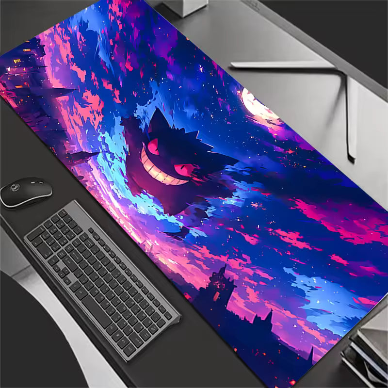 Purple ghost character floating in a starry midnight sky, large gaming desk mat 300x700mm, dark purple celestial aesthetic desk decor.