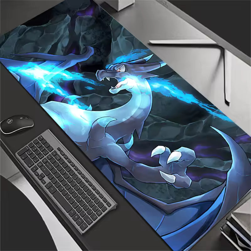 Black dragon with blue fire and flames, large gaming desk mat 300x700mm, dark aesthetic gaming setup accessories.