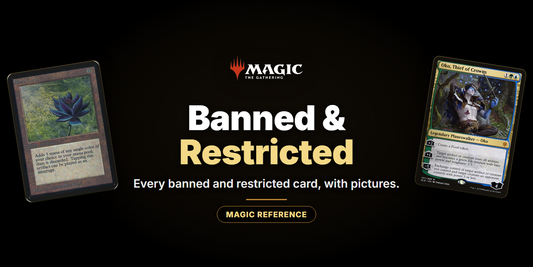 Magic: The Gathering banned and restricted cards with Black Lotus and Oko, Thief of Crowns - Landfall Outpost reference banner