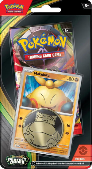 Pokemon TCG Mega Evolution Perfect Order Single Pack Blister Carded Retail Packaging featuring Makuhita Promo Card