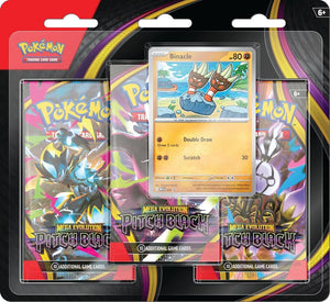 Pokemon TCG Mega Evolution Pitch Black Three Pack Blister Carded Retail Packaging featuring Binacle Promo Card