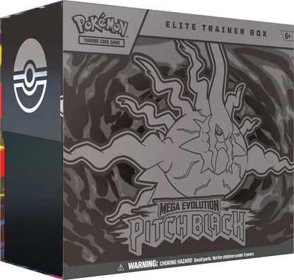 Pokemon TCG Mega Evolution Five Pitch Black Elite Trainer Box Collector Packaging and Trading Card Components