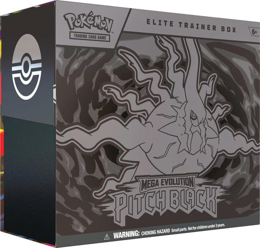Pokemon TCG Mega Evolution Five Pitch Black Elite Trainer Box Collector Packaging and Trading Card Components