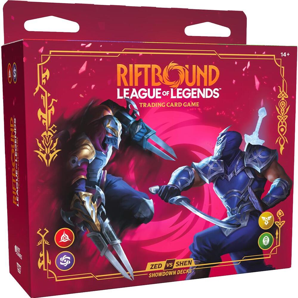 Riftbound League of Legends TCG Vendetta Zed vs Shen Showdown Decks Box Packaging with Playmats and Boosters