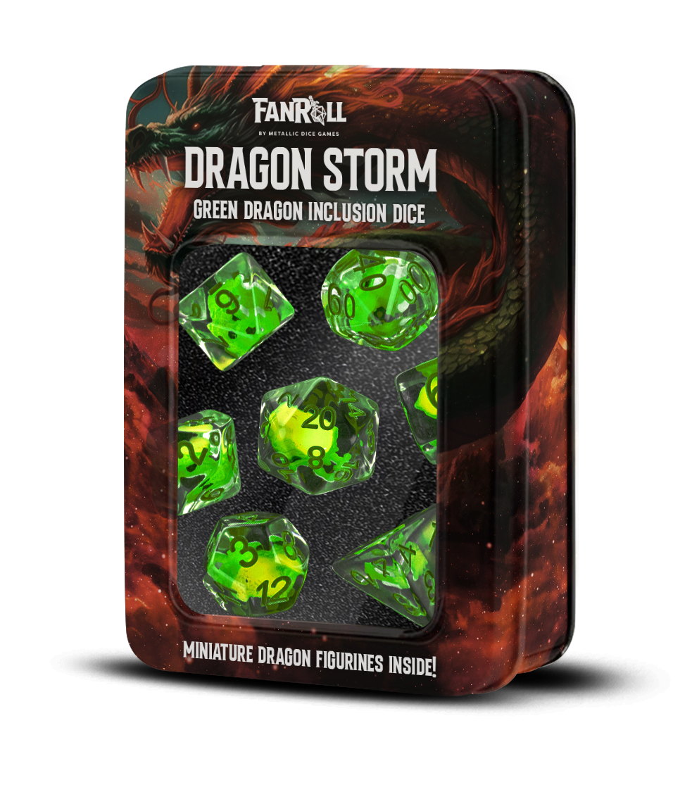 Dragon Storm Inclusion Resin Dice Set (Green Dragon) | 7-Piece 16mm Polyhedral Set