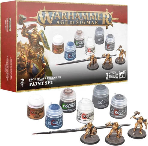 Warhammer Age of Sigmar Stormcast Eternals Paint Set Packaging with Miniatures Brush and Paint Pots