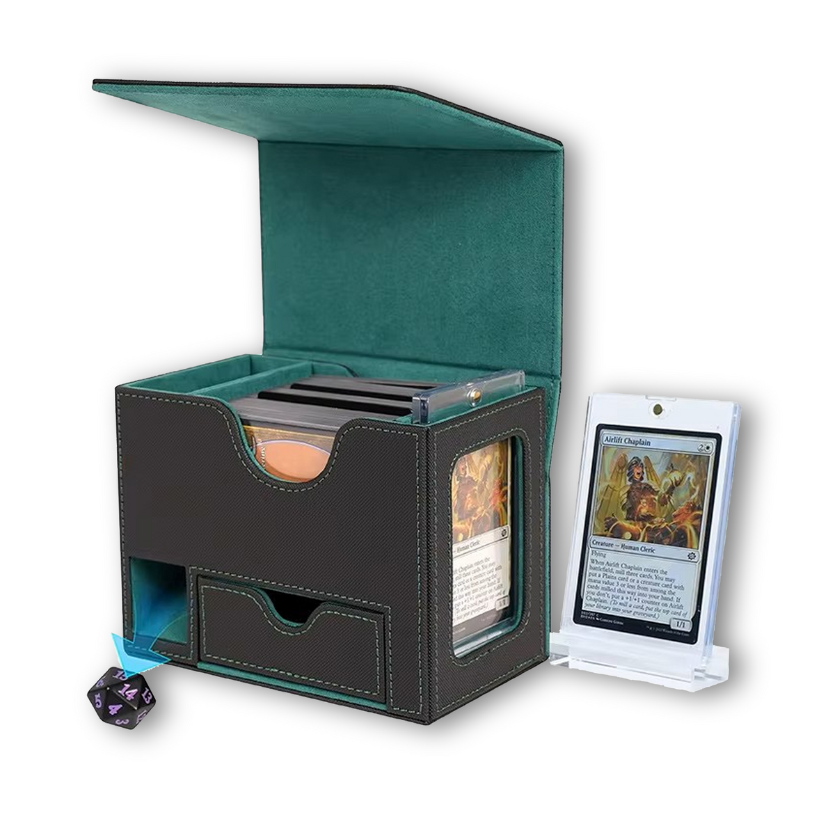 Black & Green TCG Deck Box with Dice Tower & Commander Window
