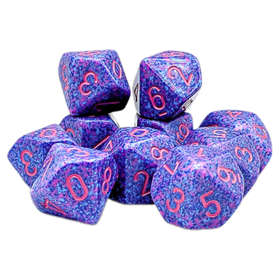 Speckled Purple Passion d10 Ten Piece Dice Set Packaging in Plastic Clamshell Case