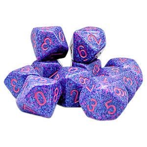 Speckled Purple Passion d10 Ten Piece Dice Set Packaging in Plastic Clamshell Case