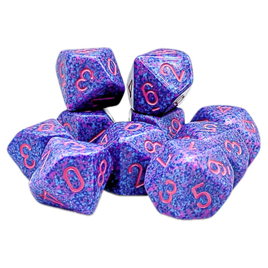 Speckled Purple Passion d10 Ten Piece Dice Set Packaging in Plastic Clamshell Case