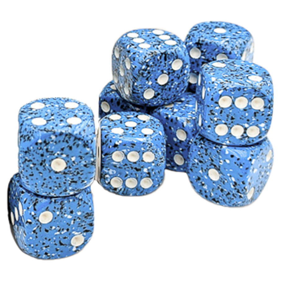 Speckled Ocean Stone 16mm d6 Twelve Piece Dice Set Packaging in Clear Display Case with Foam Square