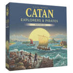 Catan Explorers and Pirates Board Game Expansion Sixth Edition Box Cover and Wooden Pieces