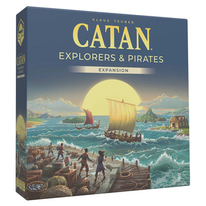 Catan Explorers and Pirates Board Game Expansion Sixth Edition Box Cover and Wooden Pieces