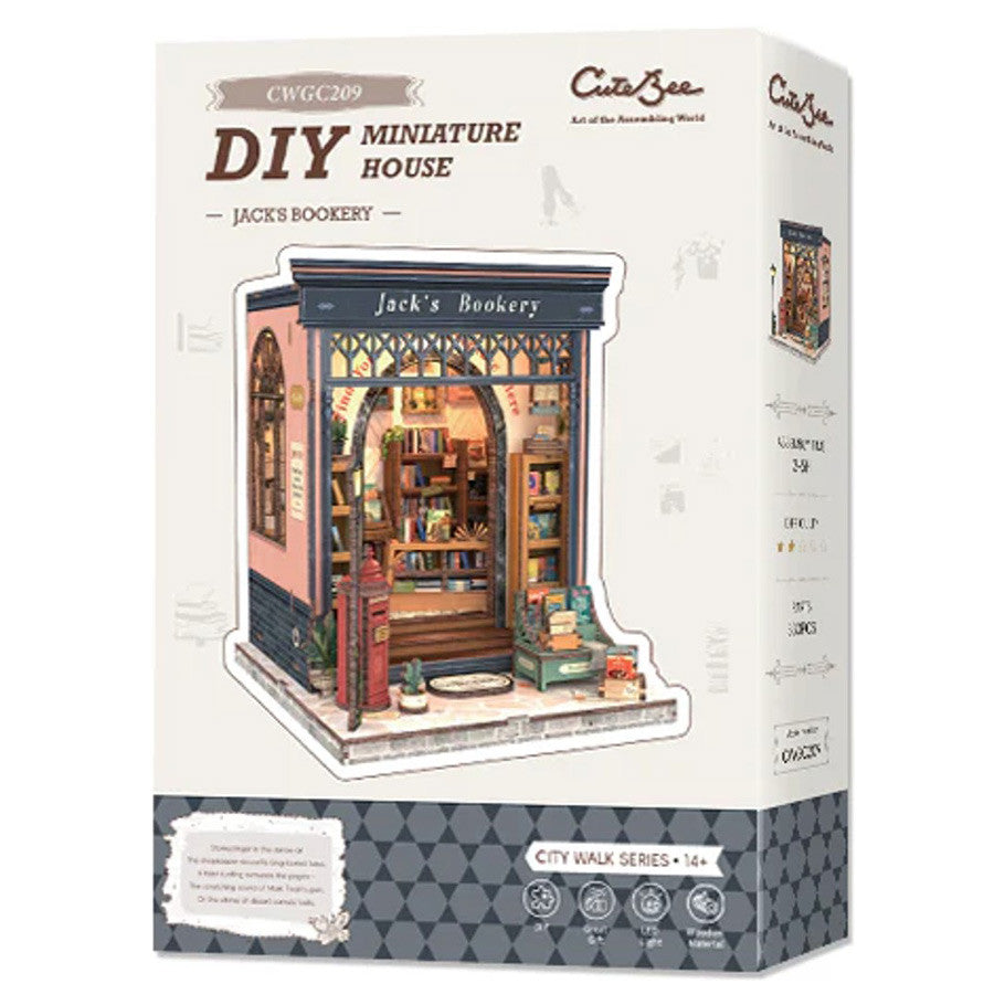 Jacks Bookery DIY Light Up Miniature Bookstore Scale Model House Craft Kit