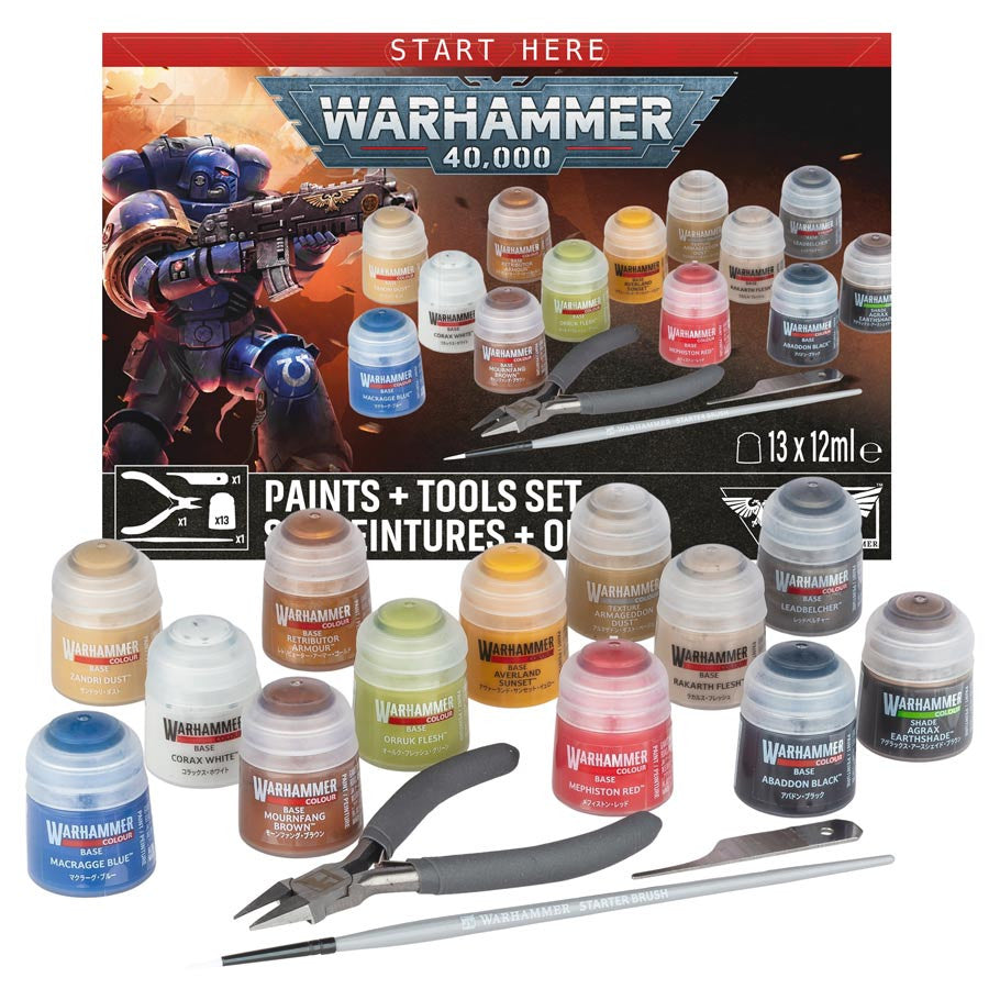 Warhammer 40000 Paints and Tools Set Packaging with Citadel Paint Pots and Hobby Tools