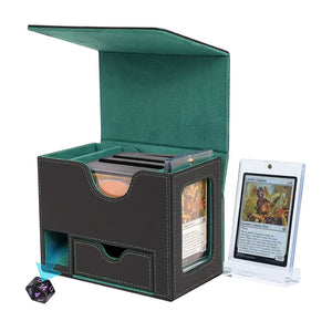 Black and Green TCG Deck Box with Integrated Dice Tower and Commander Display Window for 100 Plus Sleeved Cards