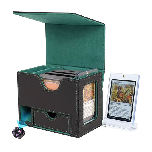 Black and Green TCG Deck Box with Integrated Dice Tower and Commander Display Window for 100 Plus Sleeved Cards