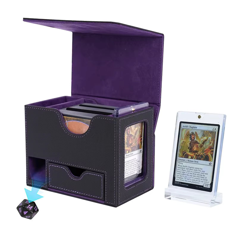 Black and Purple TCG Deck Box with Integrated Dice Tower and Commander Display Window for 100 Plus Sleeved Cards