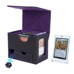 Black and Purple TCG Deck Box with Integrated Dice Tower and Commander Display Window for 100 Plus Sleeved Cards