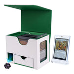 White and Green TCG Deck Box with Integrated Dice Tower and Commander Display Window for 100 Plus Sleeved Cards