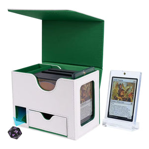 White and Green TCG Deck Box with Integrated Dice Tower and Commander Display Window for 100 Plus Sleeved Cards