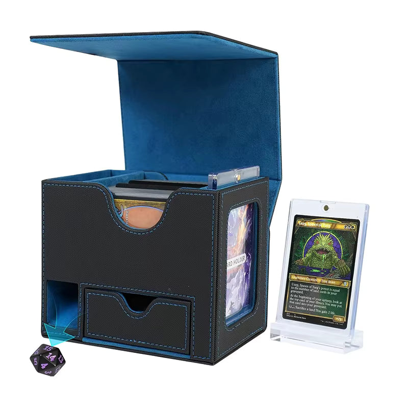 Black and Blue TCG Deck Box with Integrated Dice Tower and Commander Display Window for 100 Plus Sleeved Cards