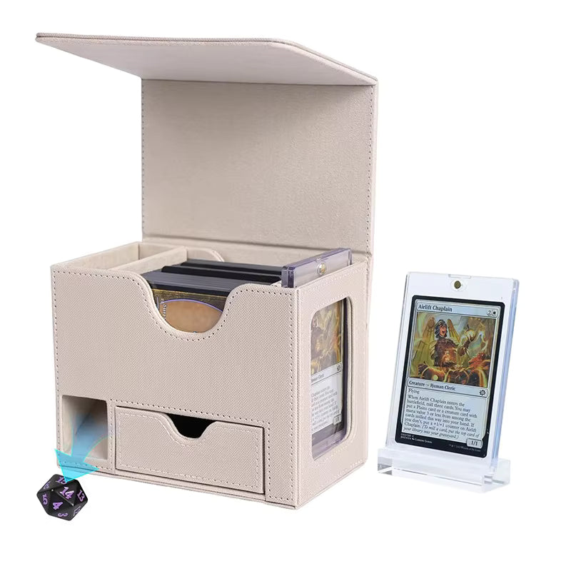 Beige & Beige Monochromatic TCG Deck Box with Integrated Dice Tower