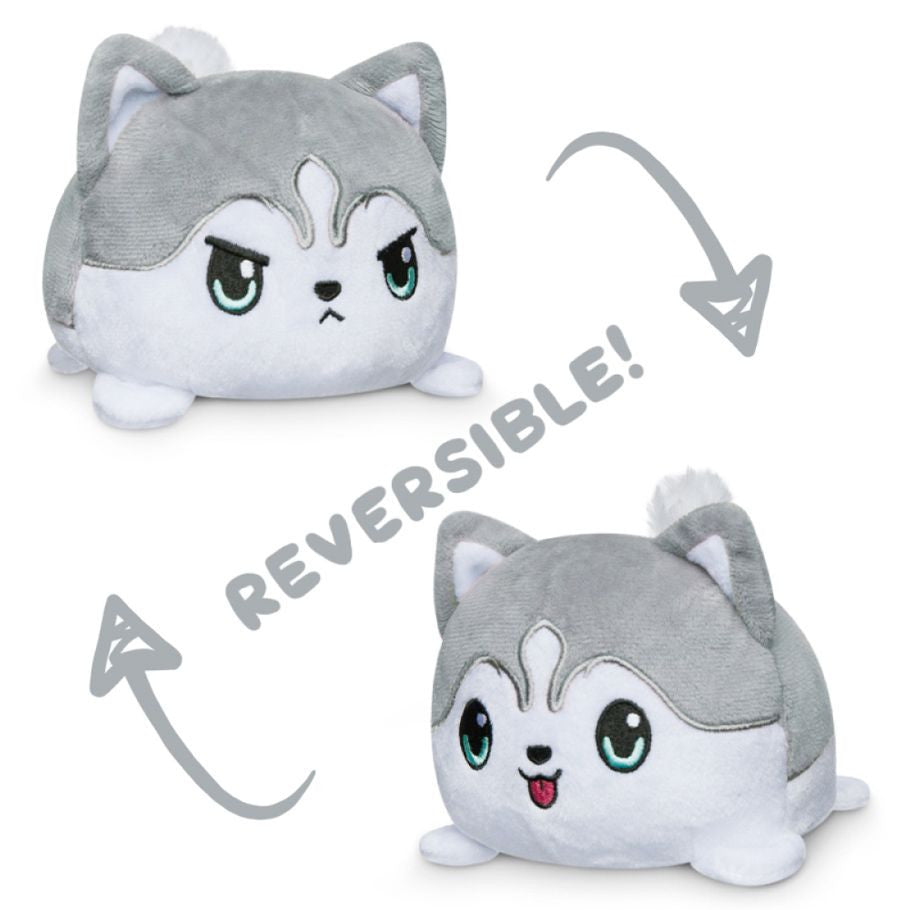 Reversible Husky Plush Dog Toy Happy Light Gray and Angry Dark Gray Faces