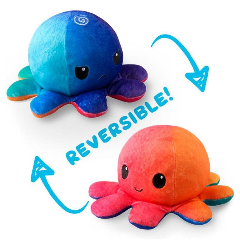 Reversible Octopus Plush Toy Sunset Orange Happy and Mermaid Blue Angry Faces