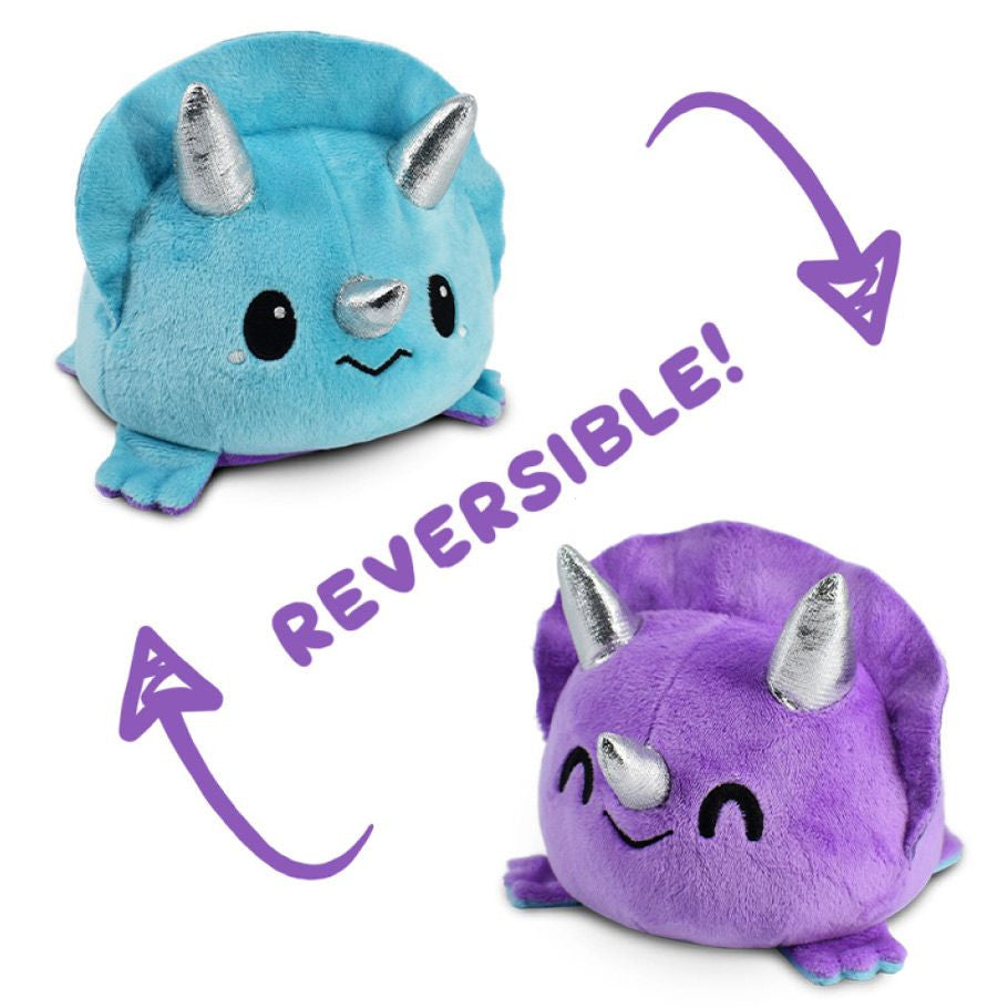 Reversible Triceratops Plush Dinosaur Toy Happy Purple and Angry Blue Faces