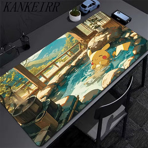 Cute yellow mouse character relaxing in a hot spring, pastel pink and blue large gaming desk mat 300x700mm, cozy gaming desk setup decor.