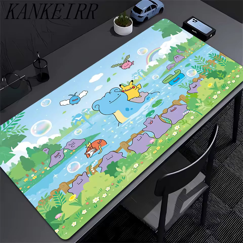 Cute pink smiling slime character on a pastel pink large gaming desk mat, 300x700mm, kawaii minimalist desk decor.