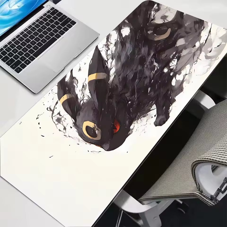 Large black and yellow gaming desk mat featuring a dark glowing creature in moonlight, 300x700mm size.
