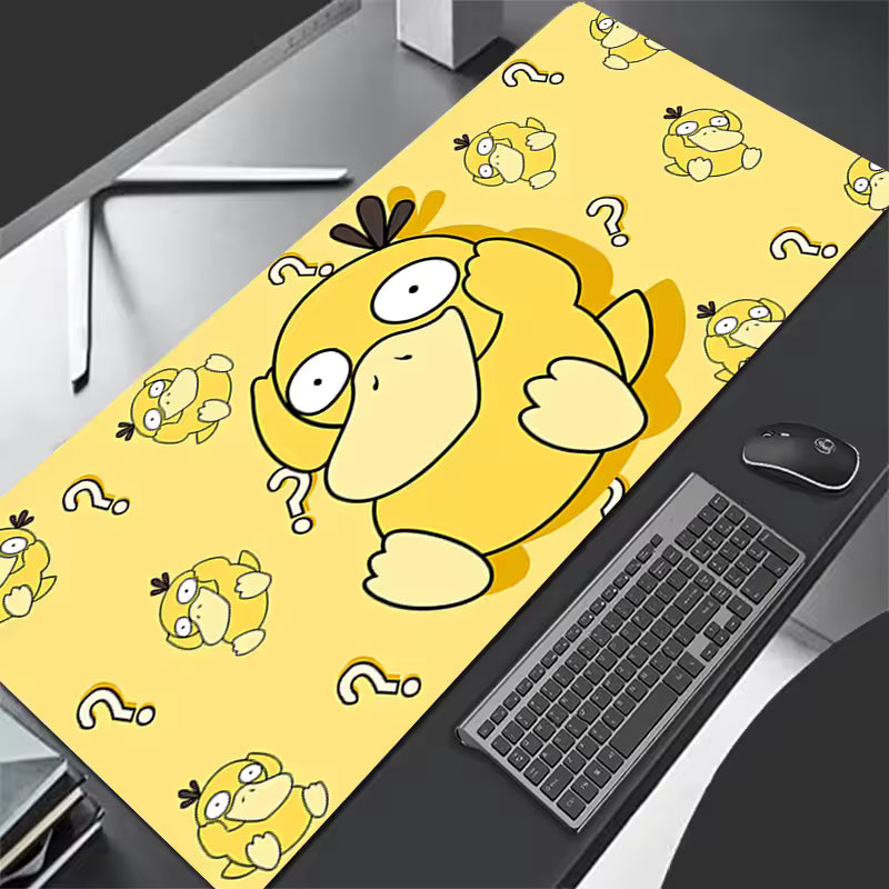 Funny yellow duck holding its head in confusion, large gaming desk mat 300x600mm, yellow and blue aesthetic office decor.