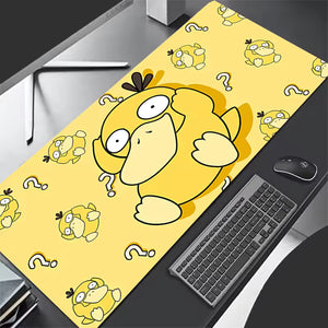 Funny yellow duck holding its head in confusion, large gaming desk mat 300x600mm, yellow and blue aesthetic office decor.