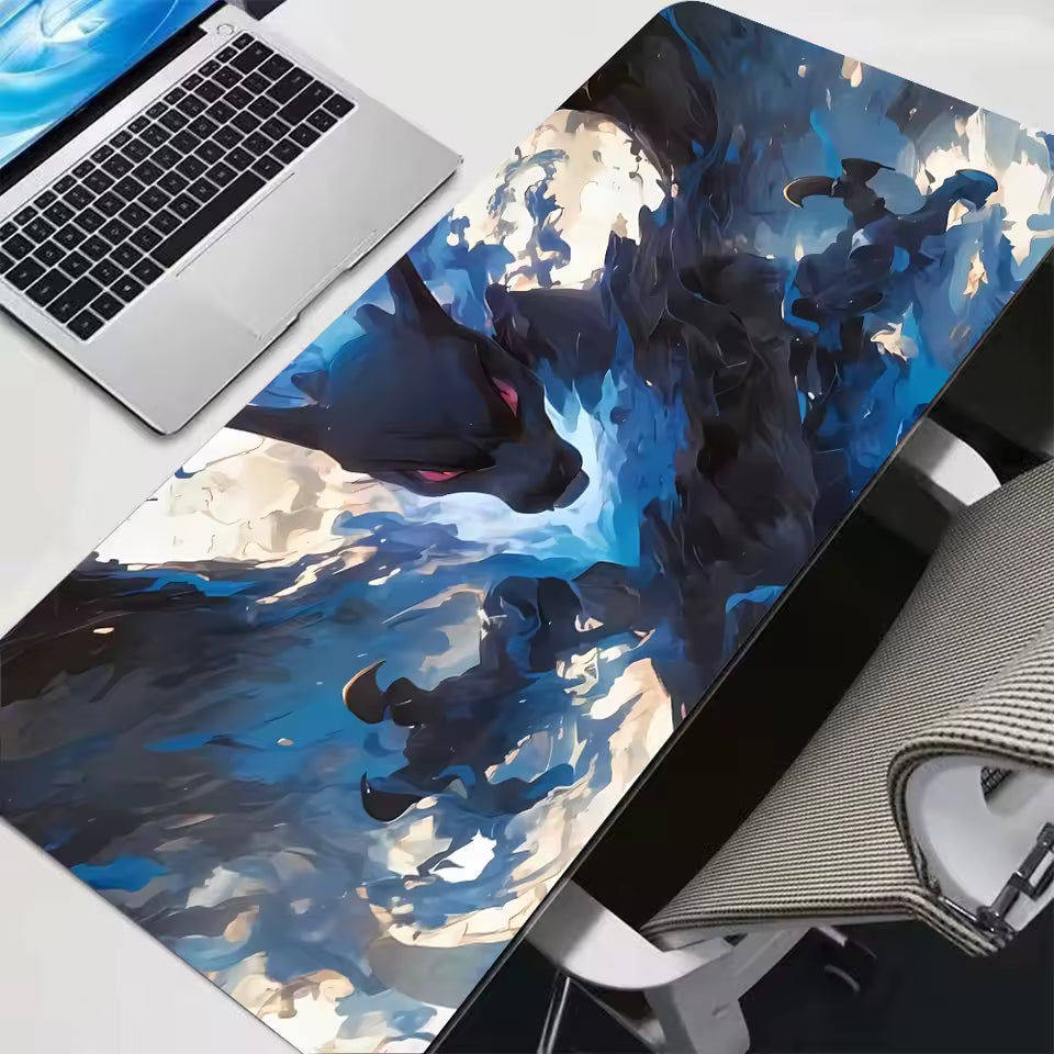 Dark dragon with fire and shadow aesthetic, large gaming desk mat 300x700mm, dark fantasy desk decor for gamers.