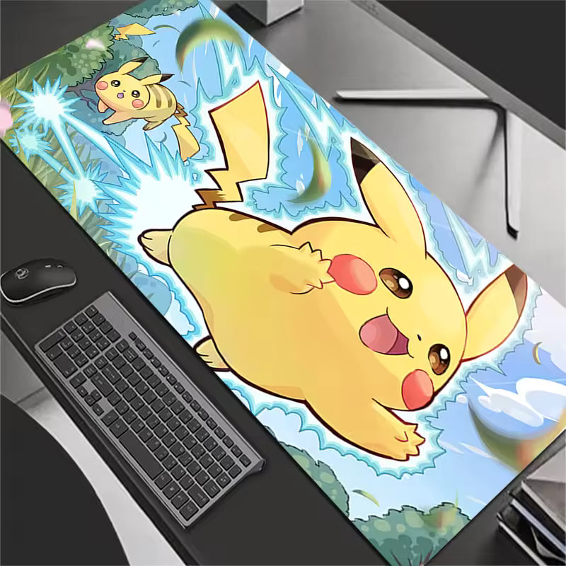 Dynamic yellow electric mouse character on a large gaming desk mat, 300x700mm, vibrant yellow and black desk accessories for gamers.
