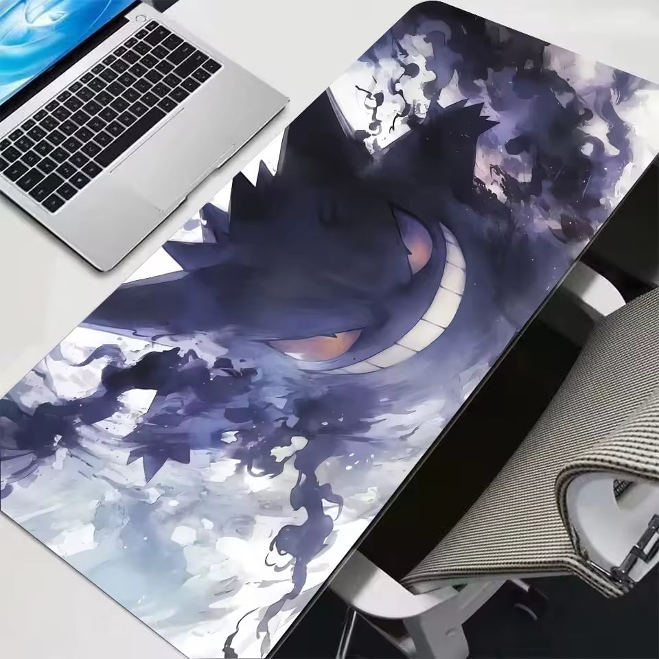 Purple ghost character surrounded by lightning and storm clouds, large gaming desk mat 300x700mm, dark purple aesthetic desk decor.