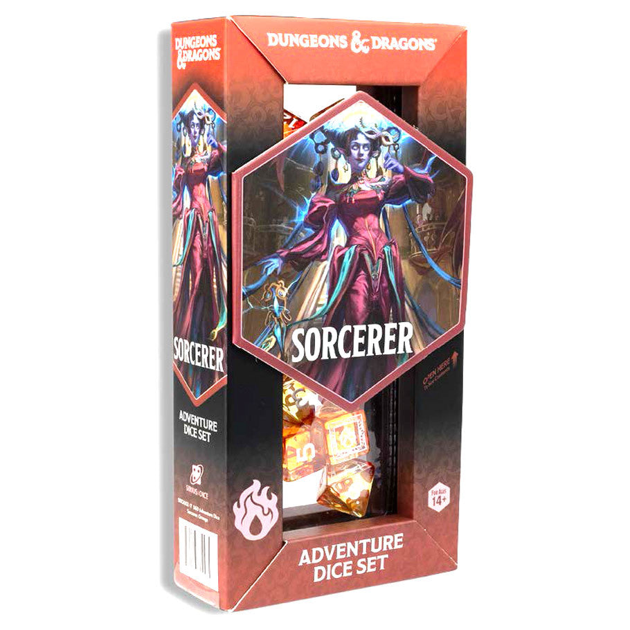Official Dungeons and Dragons Adventure Dice Set Sorcerer Fiery Orange Polyhedral Dice Packaging