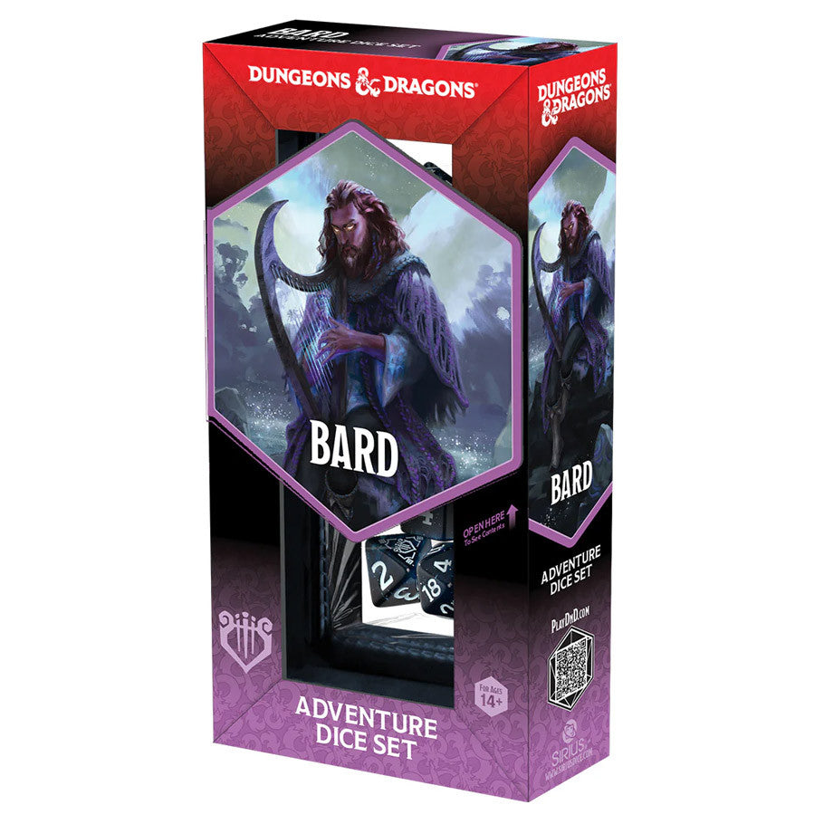Official Dungeons and Dragons Adventure Dice Set Bard Blue and Black Polyhedral Dice Packaging