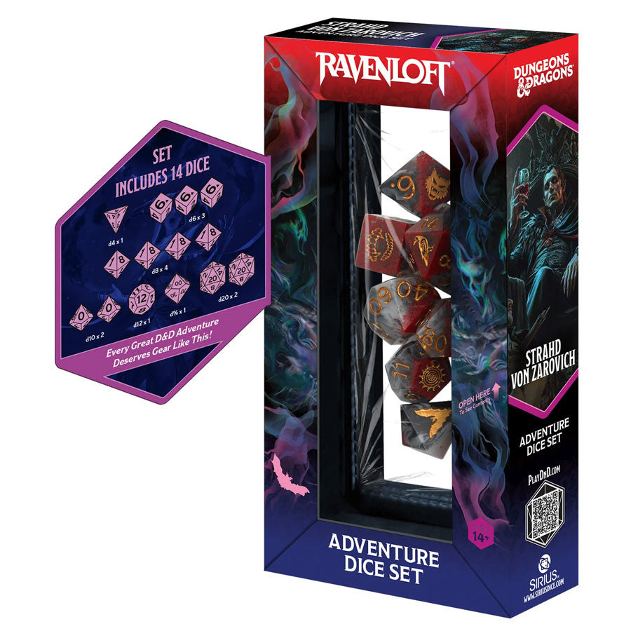 Official Dungeons and Dragons Adventure Dice Darklord Strahd von Zarovich Seven Piece Polyhedral Dice Set Packaging