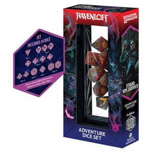 Official Dungeons and Dragons Adventure Dice Darklord Strahd von Zarovich Seven Piece Polyhedral Dice Set Packaging