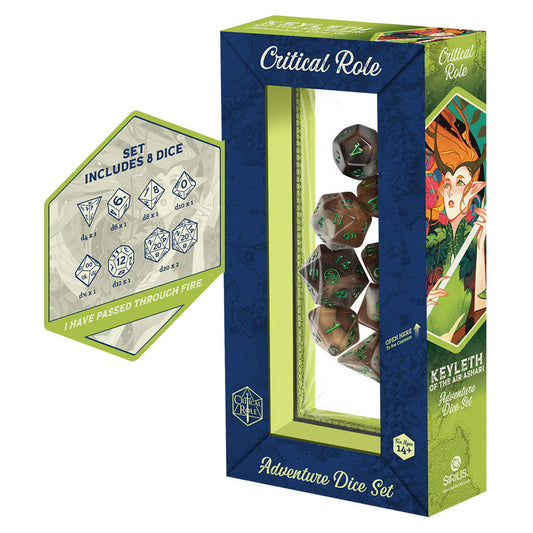 Official Critical Role Vox Machina Keyleth Eight Piece Polyhedral Dice Set Packaging with Sharp Edge D20
