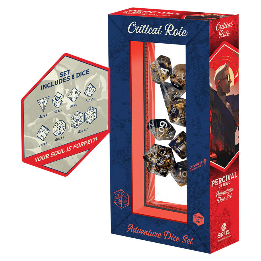 Official Critical Role Vox Machina Percival de Rolo Eight Piece Polyhedral Dice Set Packaging with Sharp Edge D20