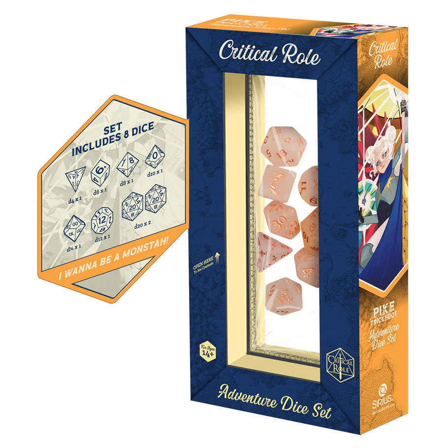 Official Critical Role Vox Machina Pike Trickfoot Eight Piece Polyhedral Dice Set Packaging with Sharp Edge D20