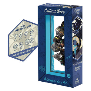 Official Critical Role Vox Machina Vaxildan Eight Piece Polyhedral Dice Set Packaging with Sharp Edge D20