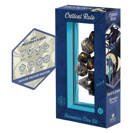 Official Critical Role Vox Machina Vaxildan Eight Piece Polyhedral Dice Set Packaging with Sharp Edge D20